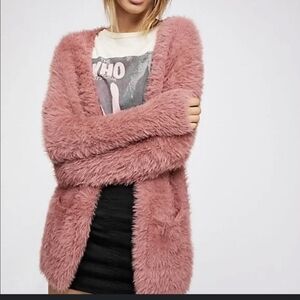 Free People Cozy Faux Fur Cardigan Dusty Rose-Pink Open Front Long Sleeve M NWOT